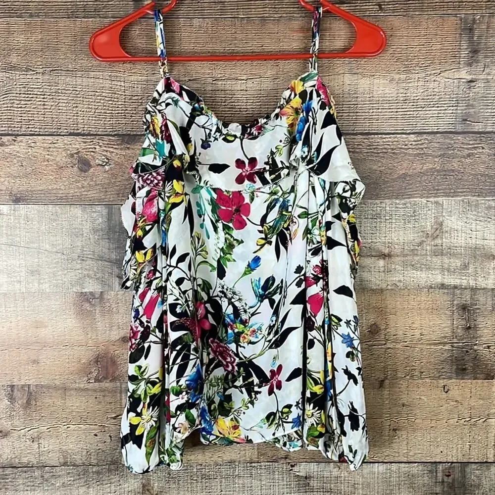 Parker Clark Floral Print Silk Blouse Cold Shoulder Long Sleeve Size Medium